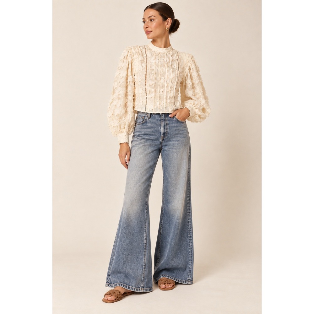 FARM Rio Star 3D Embroidered Blouse Ivory Cotton Womens S Boho Romantic